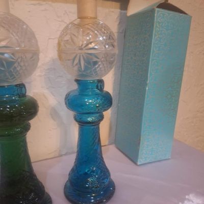 Pair of Vintage Mansion Brand Colored Glass Miniature Oil Lamps with Boxes