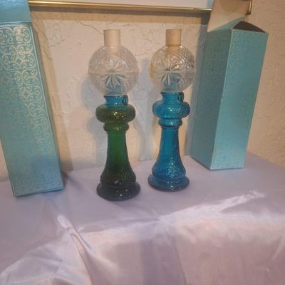 Pair of Vintage Mansion Brand Colored Glass Miniature Oil Lamps with Boxes
