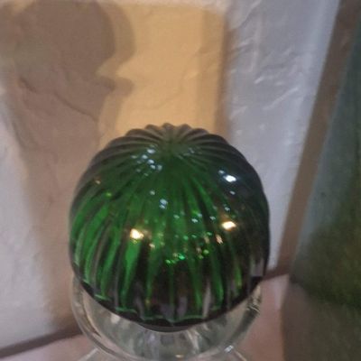 Vintage Clear Glass Decanter with Green Stopper and Original Box