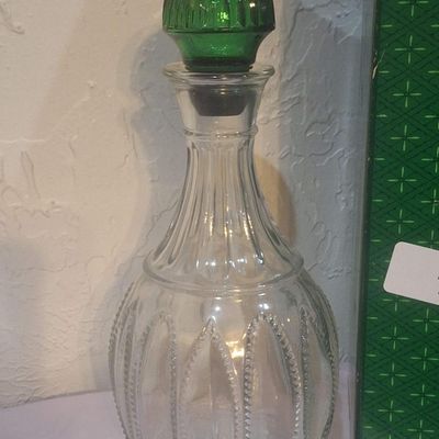 Vintage Clear Glass Decanter with Green Stopper and Original Box
