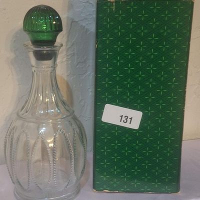 Vintage Clear Glass Decanter with Green Stopper and Original Box