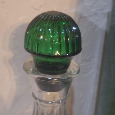 Vintage Clear Glass Decanter with Green Stopper and Original Box