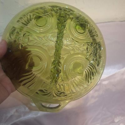 Vintage Green Pressed Glass Divided Dish with Handle