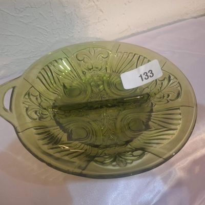 Vintage Green Pressed Glass Divided Dish with Handle