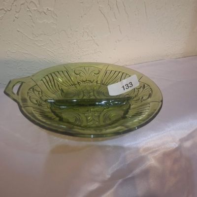 Vintage Green Pressed Glass Divided Dish with Handle