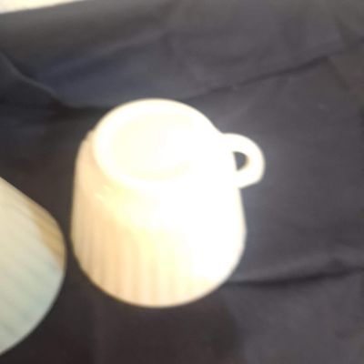 Vintage Fire-King Uranium Glass and Milk Glass Ribbed Teacups - Set of 2