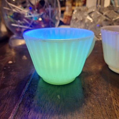 Vintage Fire-King Uranium Glass and Milk Glass Ribbed Teacups - Set of 2