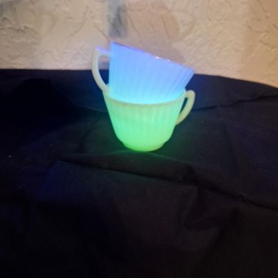 Vintage Fire-King Uranium Glass and Milk Glass Ribbed Teacups - Set of 2