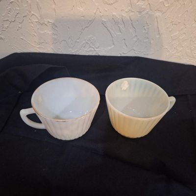 Vintage Fire-King Uranium Glass and Milk Glass Ribbed Teacups - Set of 2
