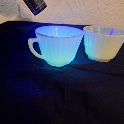 Vintage Fire-King Uranium Glass and Milk Glass Ribbed Teacups - Set of 2