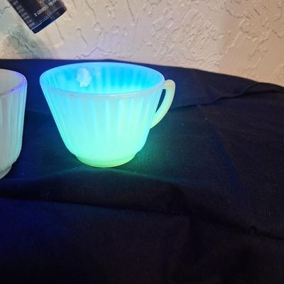 Vintage Fire-King Uranium Glass and Milk Glass Ribbed Teacups - Set of 2