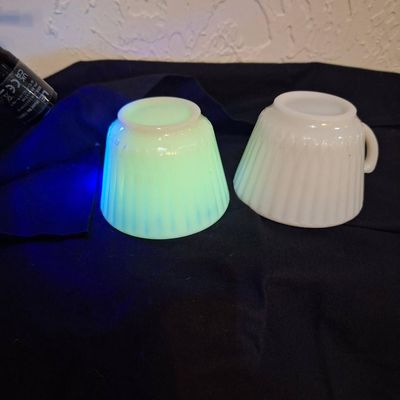 Vintage Fire-King Uranium Glass and Milk Glass Ribbed Teacups - Set of 2
