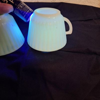 Vintage Fire-King Uranium Glass and Milk Glass Ribbed Teacups - Set of 2