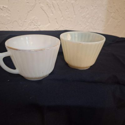 Vintage Fire-King Uranium Glass and Milk Glass Ribbed Teacups - Set of 2