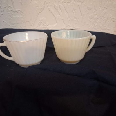 Vintage Fire-King Uranium Glass and Milk Glass Ribbed Teacups - Set of 2