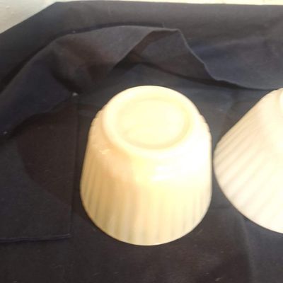Vintage Fire-King Uranium Glass and Milk Glass Ribbed Teacups - Set of 2