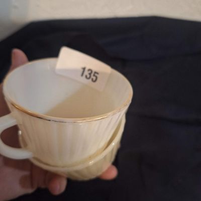 Vintage Fire-King Uranium Glass and Milk Glass Ribbed Teacups - Set of 2