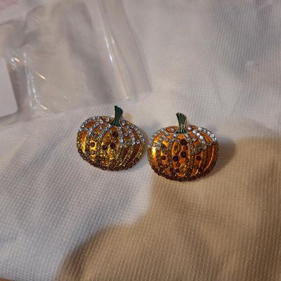 Enameled Strawberry Trinket Box & Rhinestone Pumpkin Earrings Set