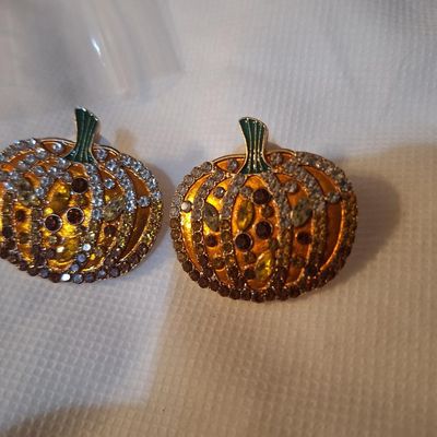 Enameled Strawberry Trinket Box & Rhinestone Pumpkin Earrings Set