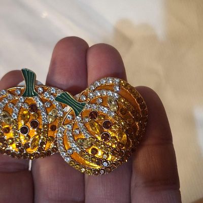 Enameled Strawberry Trinket Box & Rhinestone Pumpkin Earrings Set