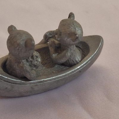Spooniques Pewter Miniature Bears in Canoe Figurine