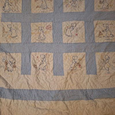 Vintage Sunbonnet Sue Embroidered Quilt- top edge has a lot of damage. see all photos.
