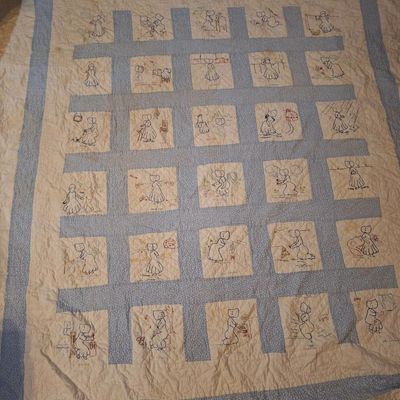 Vintage Sunbonnet Sue Embroidered Quilt- top edge has a lot of damage. see all photos.