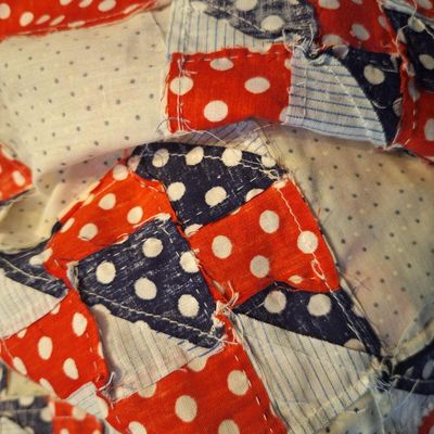 Handmade Red, White, and Blue Polka Dot Patchwork Quilt top