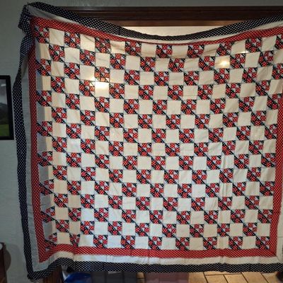 Handmade Red, White, and Blue Polka Dot Patchwork Quilt top