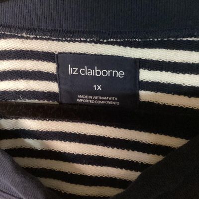 Sale Photo Thumbnail #17: Liz Claiborne navy blue and white horizontal striped long-sleeve sweatshirt with a front kangaroo pocket and drawstring collar. Size 1X. Measures approximately 27 inches in length. In good pre-owned condition with no visible stains or tears.