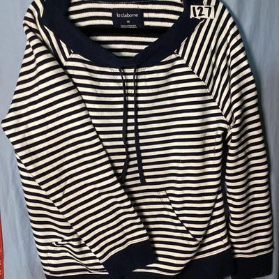 Sale Photo Thumbnail #16: Liz Claiborne navy blue and white horizontal striped long-sleeve sweatshirt with a front kangaroo pocket and drawstring collar. Size 1X. Measures approximately 27 inches in length. In good pre-owned condition with no visible stains or tears.