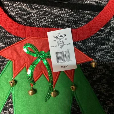 Sale Photo Thumbnail #26: United States Sweaters Holiday brand ugly Christmas sweater tunic with an elf body design featuring sequins, jingle bells, and 3D applique details. New with tags from Kohl's (MSRP $50.00). 

- Brand: United States Sweaters Holiday
- Size: XL
- Color: Blac