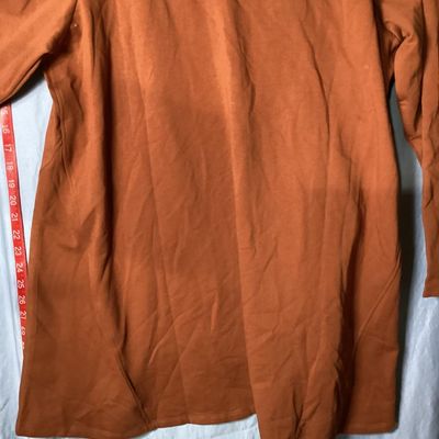 Sale Photo Thumbnail #67: LOGO Lounge by Lori Goldstein longline zip-up hoodie in a rust/terracotta shade. Features a hooded neckline with drawstring, front zip closure, front patch pockets, long sleeves, and a high-low hem. Lightly used condition with no visible damage or severe 
