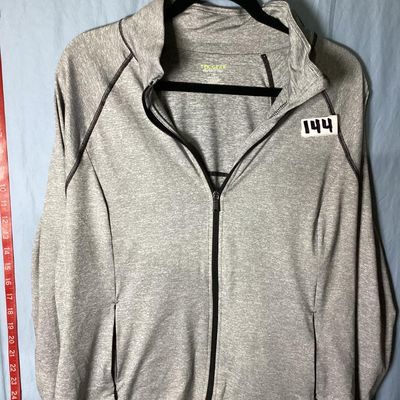 Sale Photo Thumbnail #99: Women's full-zip athletic workout jacket by Tek Gear Workout Gear. Heathered gray performance fabric with dark contrast stitching, full front zipper, high collar, and side zippered hand pockets. Size 1X (90% polyester, 10% spandex). Appears to be in very 