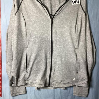Sale Photo Thumbnail #97: Women's full-zip athletic workout jacket by Tek Gear Workout Gear. Heathered gray performance fabric with dark contrast stitching, full front zipper, high collar, and side zippered hand pockets. Size 1X (90% polyester, 10% spandex). Appears to be in very 
