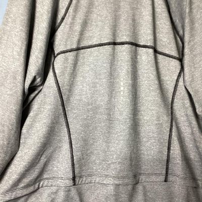 Sale Photo Thumbnail #103: Women's full-zip athletic workout jacket by Tek Gear Workout Gear. Heathered gray performance fabric with dark contrast stitching, full front zipper, high collar, and side zippered hand pockets. Size 1X (90% polyester, 10% spandex). Appears to be in very 