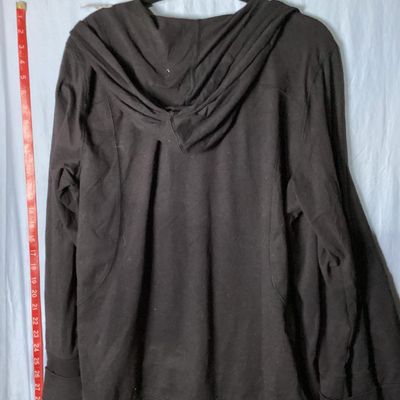 Sale Photo Thumbnail #109: Xersion brand women's black full-zip hooded jacket/sweatshirt, size XL (semi fit). Features front pockets, drawstring hood, and ribbed trim. Lightly used condition with minimal wear. Approx. 28-29 inches in length.