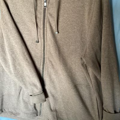 Sale Photo Thumbnail #142: An Isaac Mizrahi Live! women's full-zip fleece hooded sweatshirt/jacket in heathered tan/light brown. Features a drawstring hood with bright pink inner neck tape, front patch pockets, silver-tone hardware with engraved logo toggles, and side slits at the 