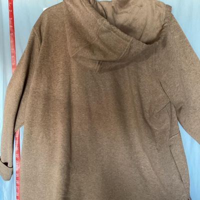 Sale Photo Thumbnail #145: An Isaac Mizrahi Live! women's full-zip fleece hooded sweatshirt/jacket in heathered tan/light brown. Features a drawstring hood with bright pink inner neck tape, front patch pockets, silver-tone hardware with engraved logo toggles, and side slits at the 