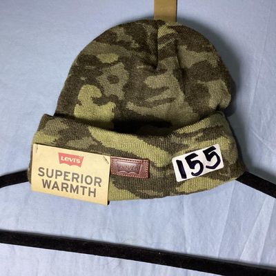 Sale Photo Thumbnail #164: New with tags Levi's knit beanie hat featuring a green camo pattern with a faux leather Levi's logo patch on the front cuff. Tag shows style 45LP050015, color Camouflage,  One Size.Material is knit fabric. New condition with original retail tag attached.