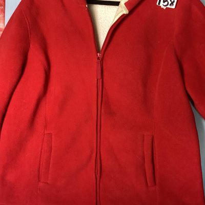 Sale Photo Thumbnail #187: Red hooded fleece jacket by Denim & Co. (d & co.), featuring a soft cream-colored sherpa/fleece lining, full zip closure, front side pockets, and an attached hood. 

- Brand: Denim & Co.
- Size: US 1X (UK 2XL, DE XL, IT 2XL, FR XXL)
- Color: Red with Off-