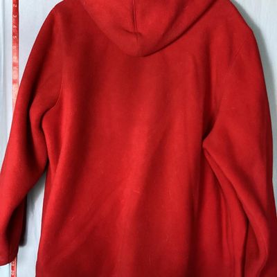 Sale Photo Thumbnail #188: Red hooded fleece jacket by Denim & Co. (d & co.), featuring a soft cream-colored sherpa/fleece lining, full zip closure, front side pockets, and an attached hood. 

- Brand: Denim & Co.
- Size: US 1X (UK 2XL, DE XL, IT 2XL, FR XXL)
- Color: Red with Off-