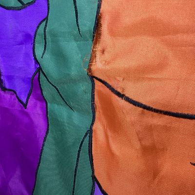 Sale Photo Thumbnail #215: Large vintage fabric/nylon decorative Halloween door or wall banner featuring Disney's Goofy dressed as Frankenstein's monster under a full moon. Fabric appliqué construction with embroidered black outline stitching. Measures approximately 75 inches long