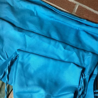 Sale Photo Thumbnail #229: Replacement cushion COVER SET ONLY and umbrella fabric designed for an outdoor hanging curved chaise lounge or hammock swing chair. Made of bright turquoise blue fabric with tie straps. Includes product dimension diagrams for reference. Item appears to be
