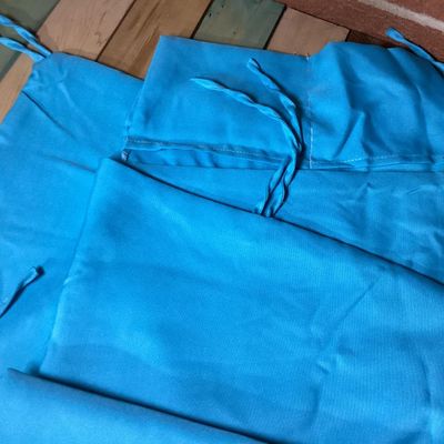 Sale Photo Thumbnail #231: Replacement cushion COVER SET ONLY and umbrella fabric designed for an outdoor hanging curved chaise lounge or hammock swing chair. Made of bright turquoise blue fabric with tie straps. Includes product dimension diagrams for reference. Item appears to be