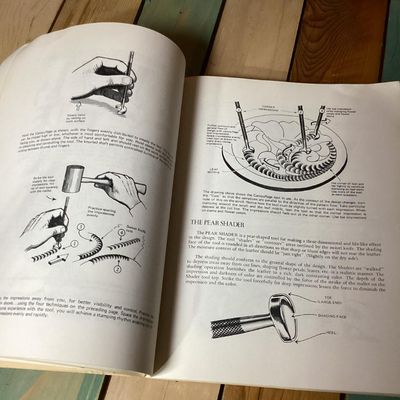 Sale Photo Thumbnail #246: Vintage instruction book titled 'Leatherwork Manual' by Al Stohlman, A. D. Patten, and J. A. Wilson. Softcover publication featuring detailed illustrations, diagrams, and step-by-step techniques for leather crafting, carving, tool usage, and assembling it