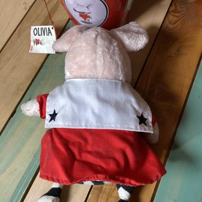 Sale Photo Thumbnail #328: Collection of vintage Olivia the Pig items featuring a GUND plush doll wearing a red dress with original tags attached and a matching Schylling red tin pail with handle and original tag attached (dated 2003). Both items are in good overall condition with 