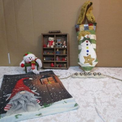 Sale Photo Thumbnail #337: Snowman door hanger, jingle bells, small shadow box with mini toys & books, decorative snowman box, 12" x 18" gnome Christmas flag, See pictures