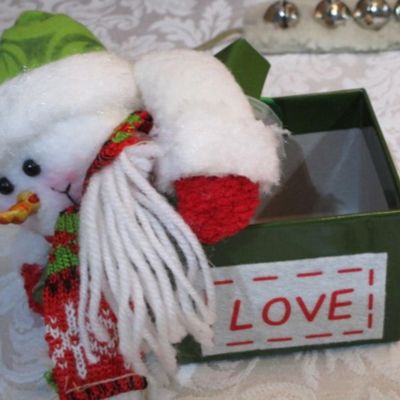 Sale Photo Thumbnail #340: Snowman door hanger, jingle bells, small shadow box with mini toys & books, decorative snowman box, 12" x 18" gnome Christmas flag, See pictures