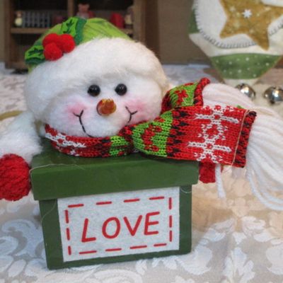 Sale Photo Thumbnail #342: Snowman door hanger, jingle bells, small shadow box with mini toys & books, decorative snowman box, 12" x 18" gnome Christmas flag, See pictures